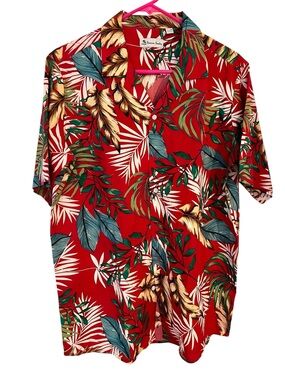 Mens Hawaiian Aloha Shirt, Short Sleeve Button Down Red White Green Floral
